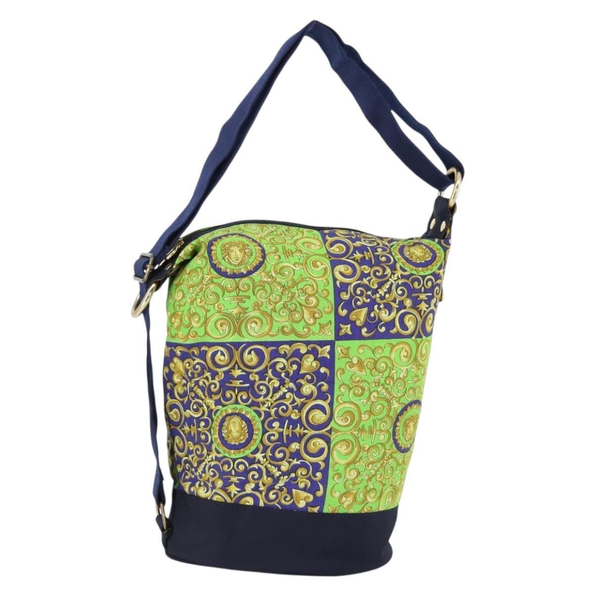 Versace Shoulder Bag Cotton Green Gold Auth Yk19828